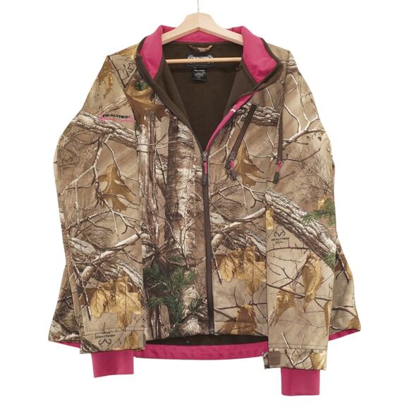 Realtree Womens XL Camo Softshell Jacket Pink Lining Zip Pockets Outdoor Hunting - Picture 1 of 6